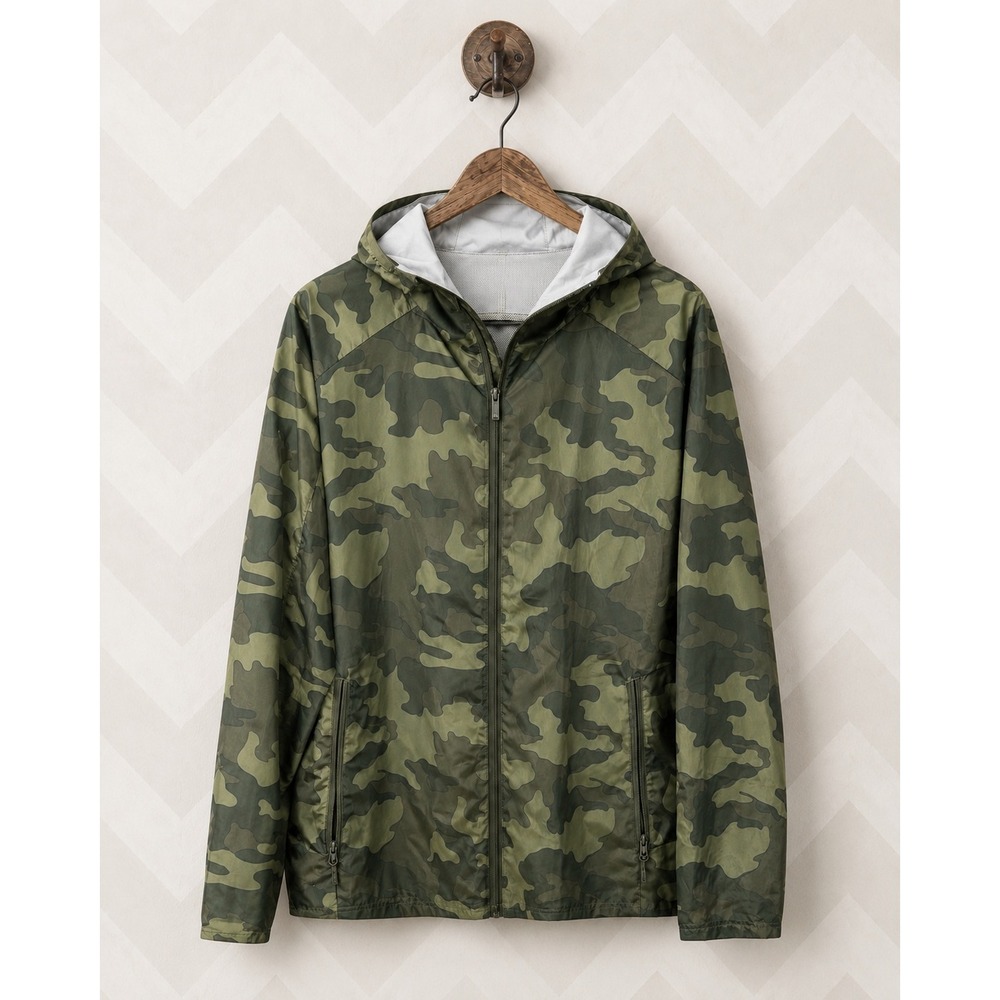 All in Motion Camo Windbreaker Hooded Jacket XL Green Camouflage Full Zip EUC